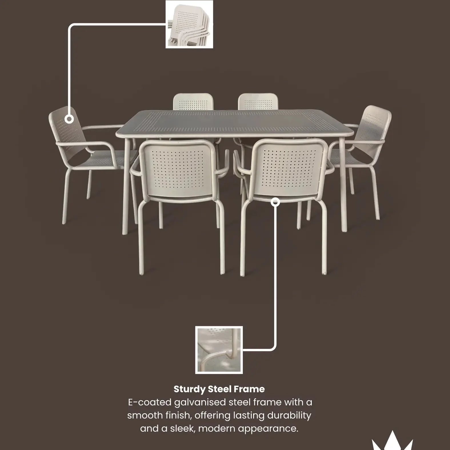 Porto Outdoor 6 Seater Rectangular Dining Table and Stacking Chairs - Champagne - DUSK