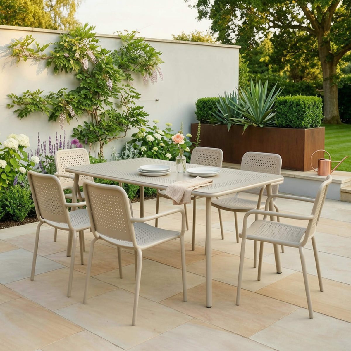 Porto Outdoor 6 Seater Rectangular Dining Table and Stacking Chairs - Champagne - DUSK
