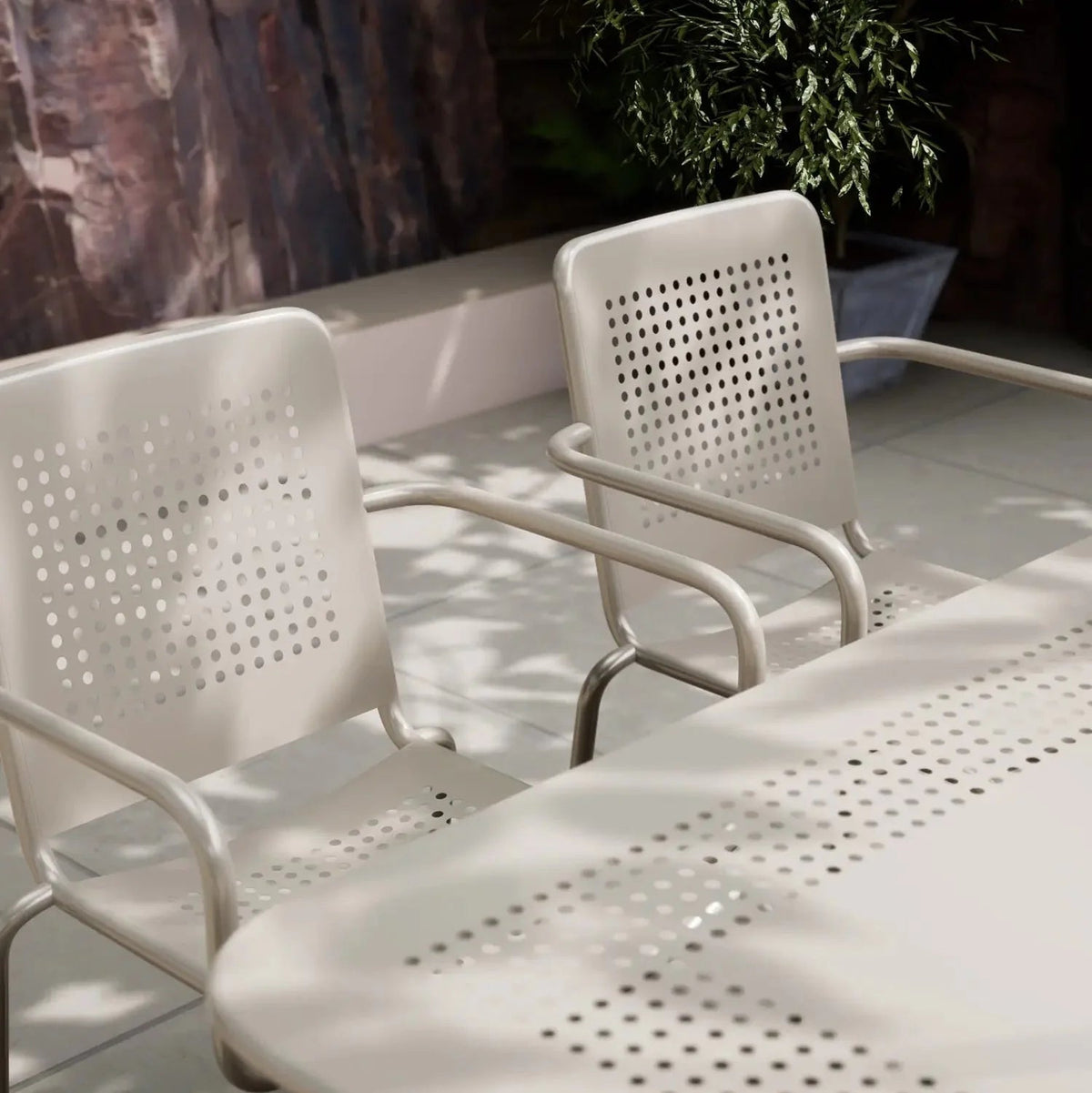 Porto Outdoor 6 Seater Rectangular Dining Table and Stacking Chairs - Champagne - DUSK