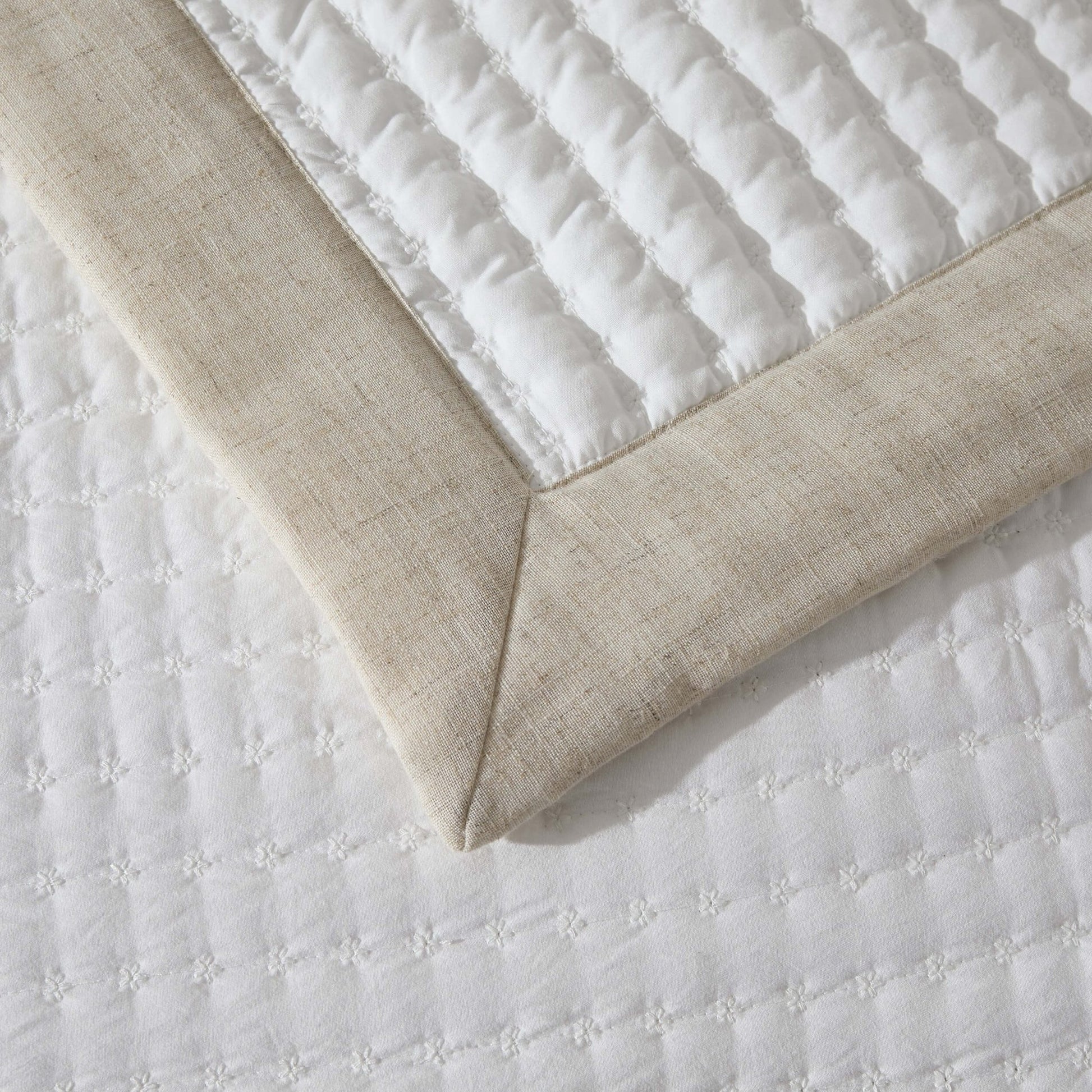 Portobello Floral Embroidered Linen Edge Bedspread - White/Natural - DUSK