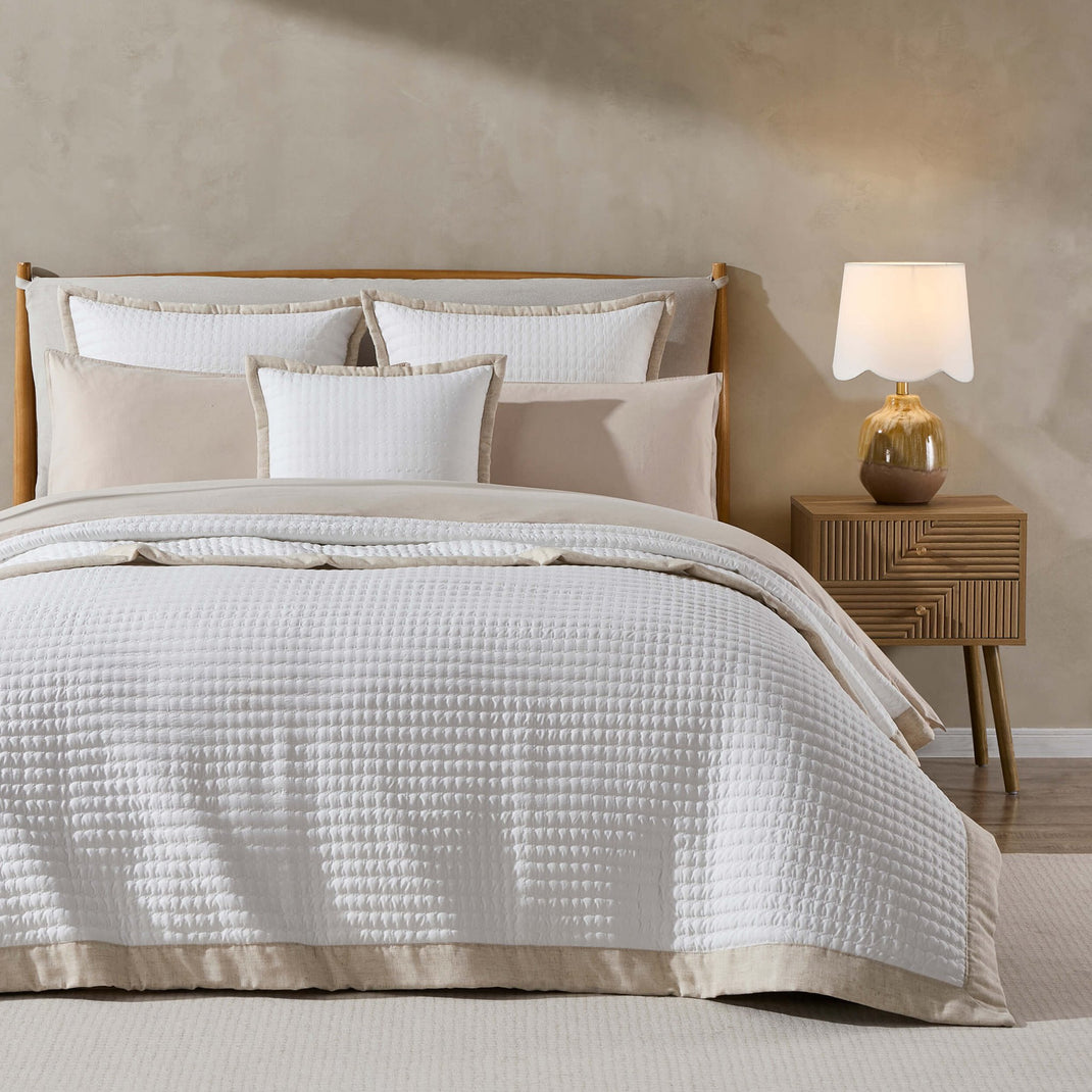 Portobello Floral Embroidered Linen Edge Bedspread - White/Natural - DUSK