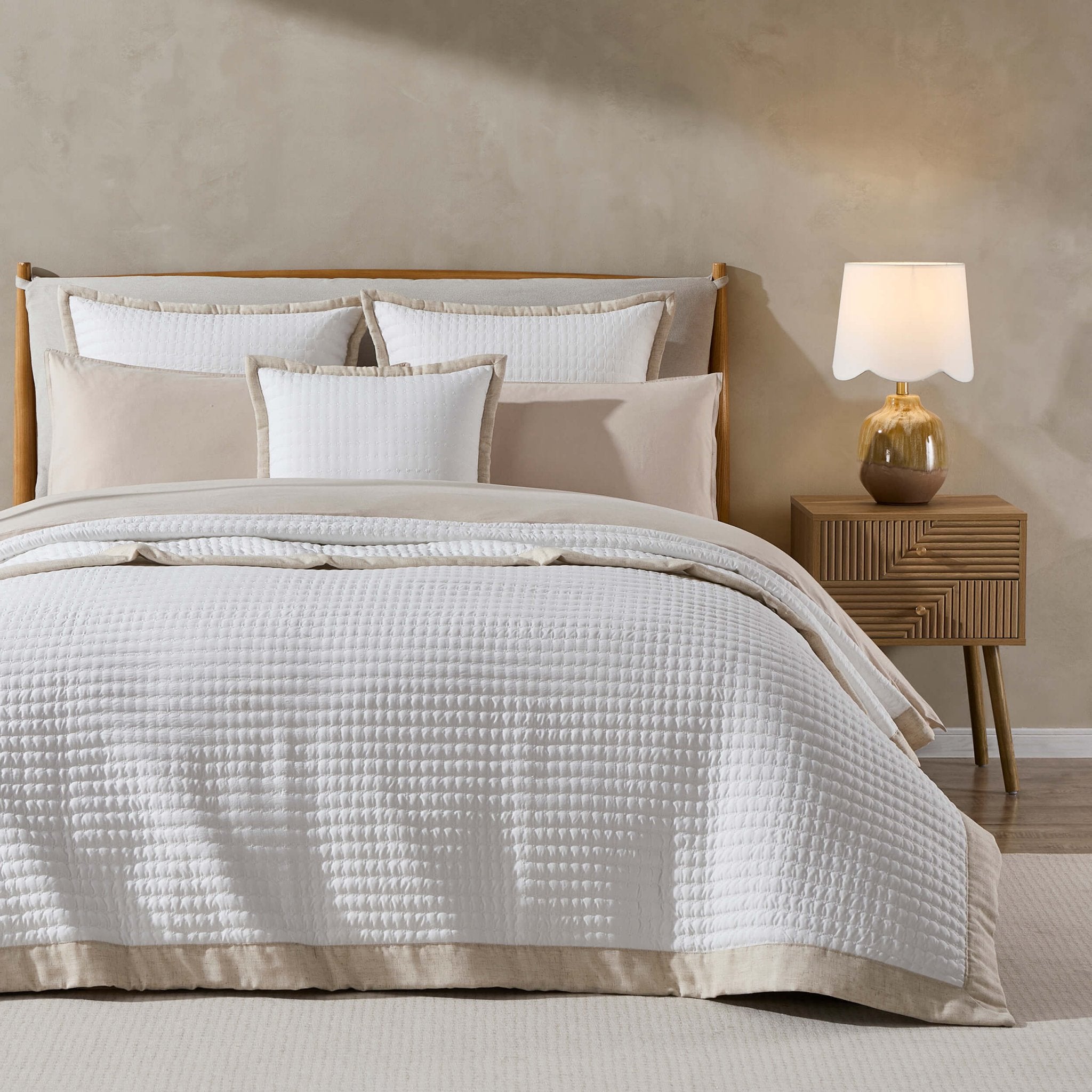 Portobello Floral Embroidered Linen Edge Bedspread - White/Natural - DUSK