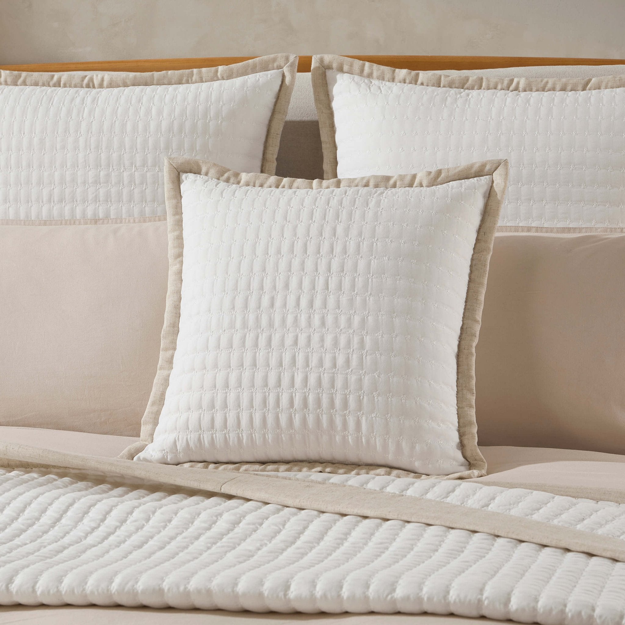 Portobello Floral Embroidered Linen Edge Cushion Cover - White/Natural - DUSK