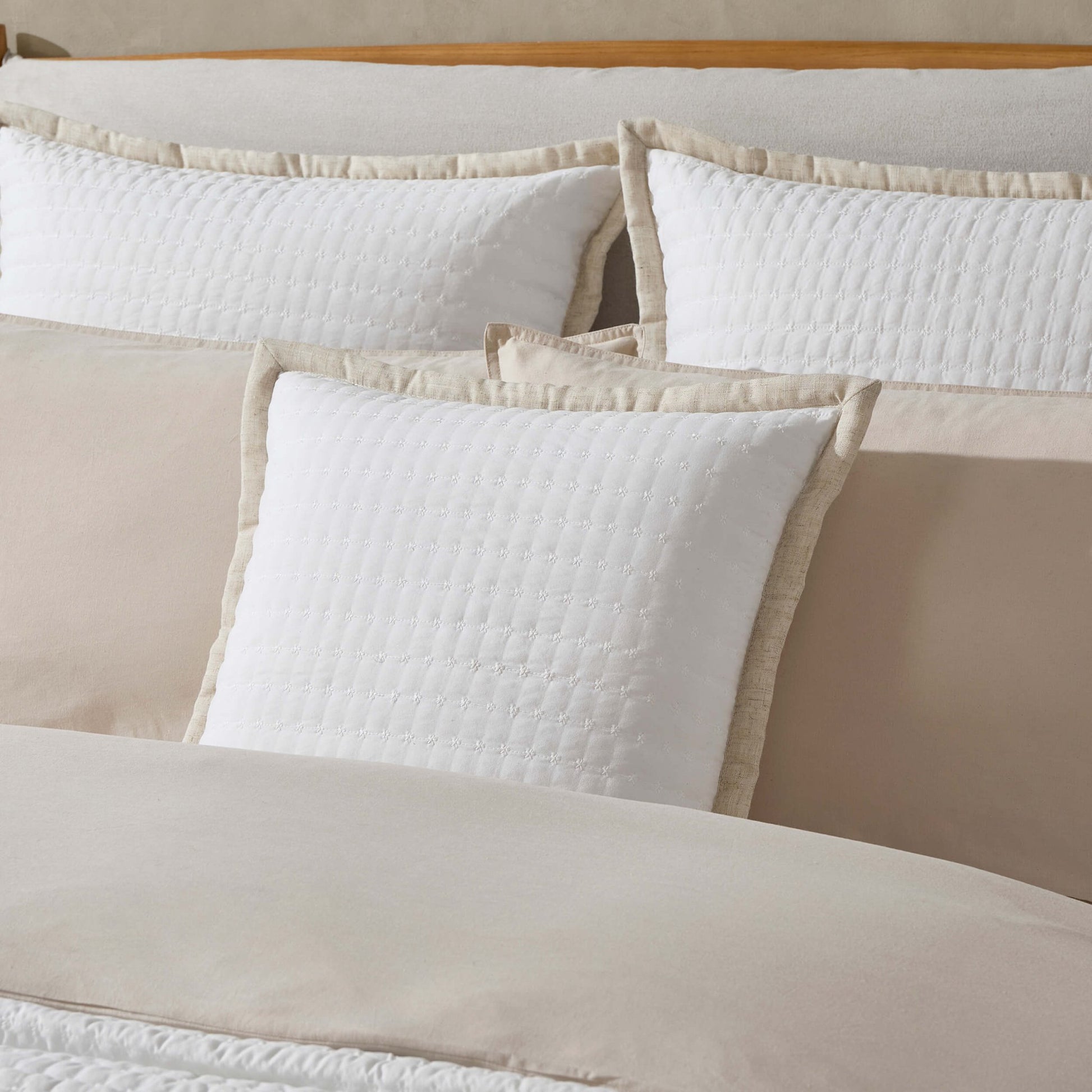 Portobello Floral Embroidered Linen Edge Cushion Cover - White/Natural - DUSK