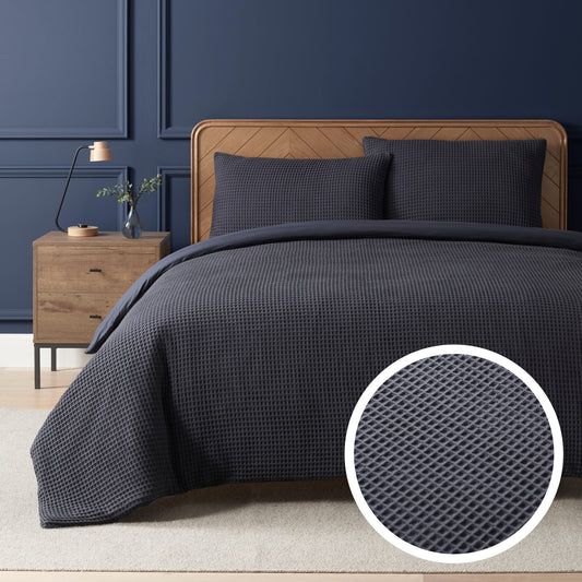 Portofino Waffle 100% Cotton Duvet Cover 200 Thread Count - Midnight Navy - DUSK