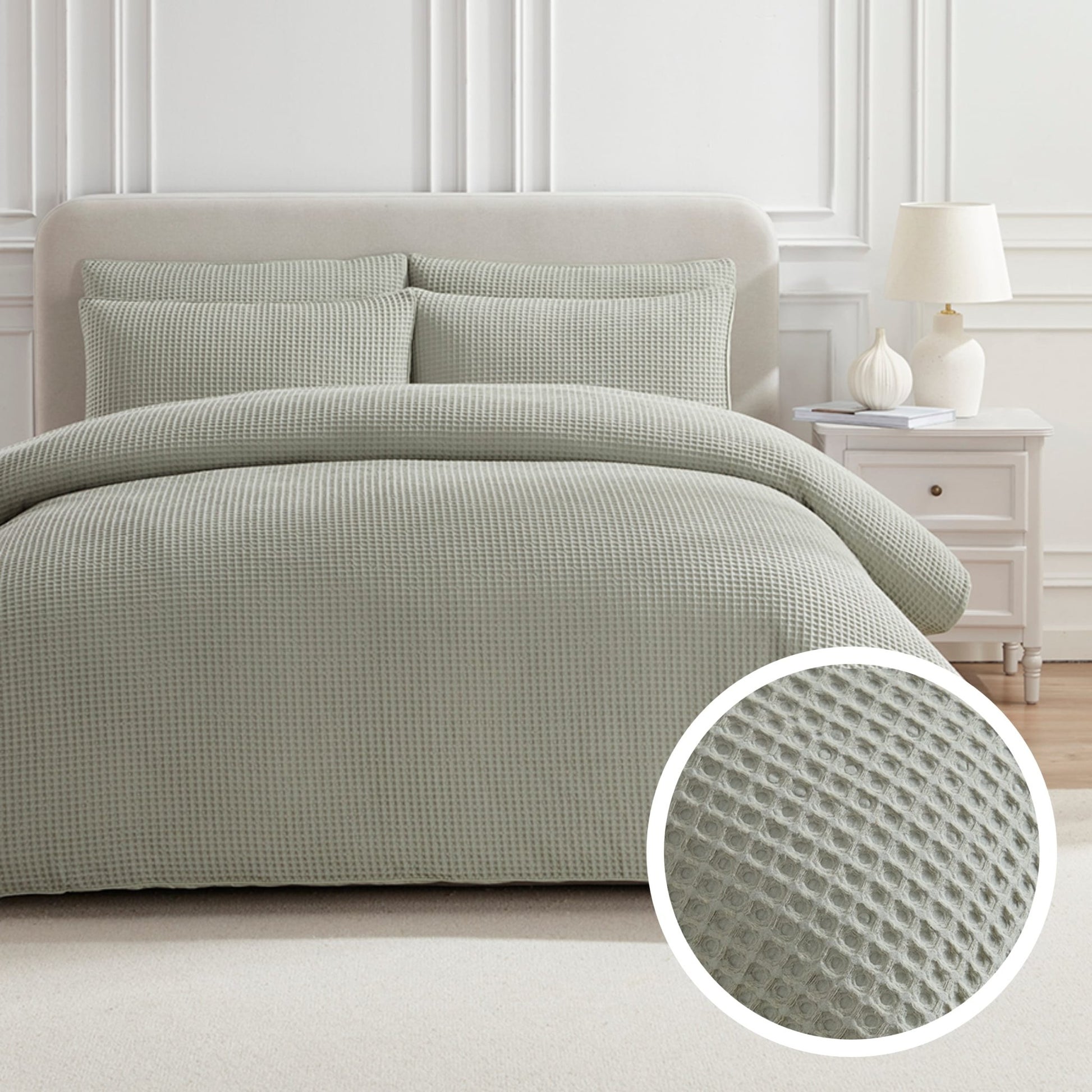 Portofino Waffle 100% Cotton Duvet Cover 200 Thread Count - Sage Green - DUSK