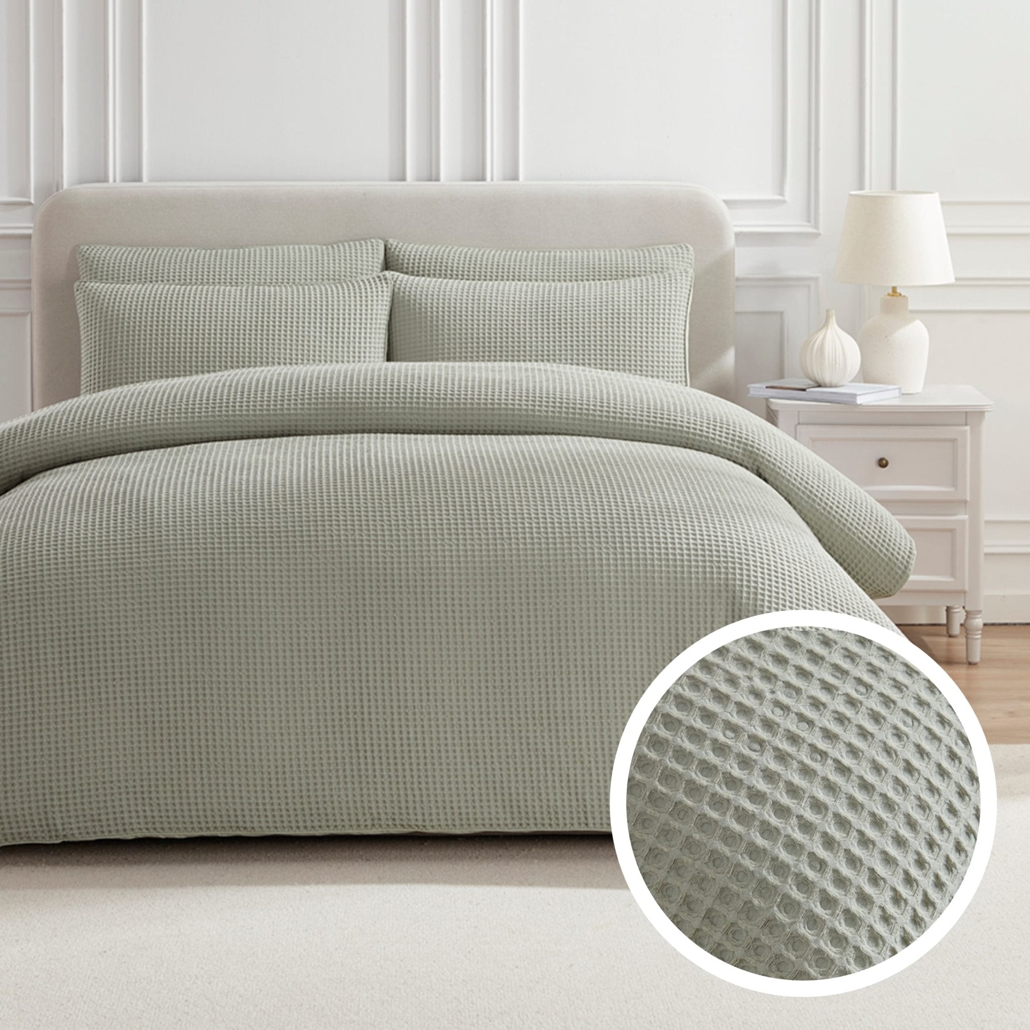 Portofino Waffle 100% Cotton Duvet Cover 200 Thread Count - Sage Green - DUSK