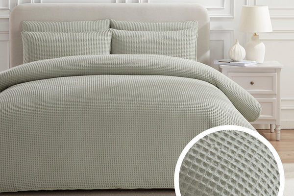 Portofino Waffle 100% Cotton Duvet Cover 200 Thread Count - Sage Green - DUSK