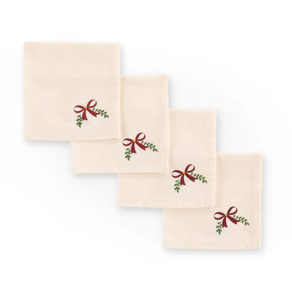 Printed Bow 100% Cotton Christmas Set of 4 Napkins - Red - DUSK