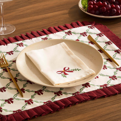 Printed Bow 100% Cotton Christmas Set of 4 Napkins - Red - DUSK