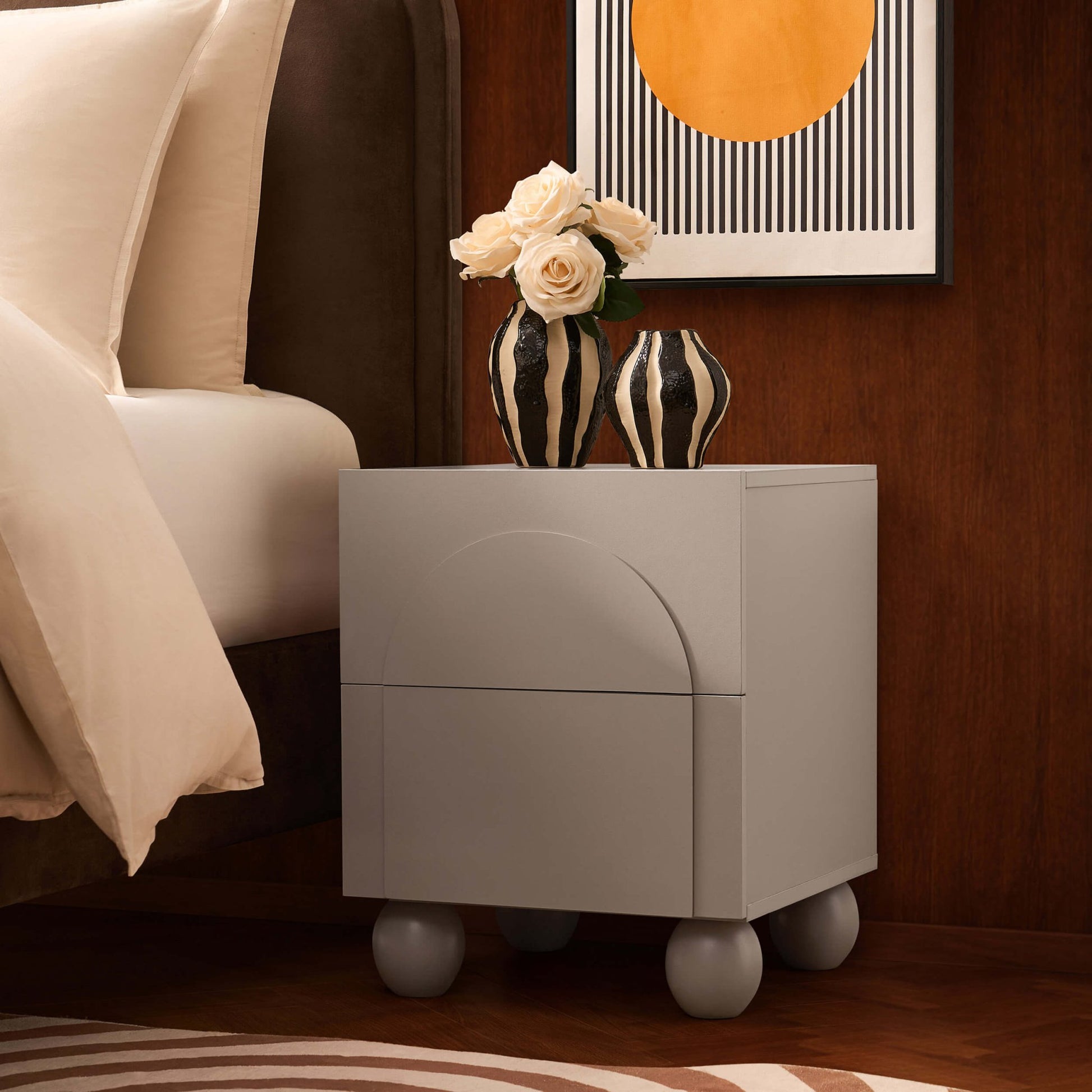 Rachel Arch Front 2 Drawer Bedside Table - Taupe - DUSK
