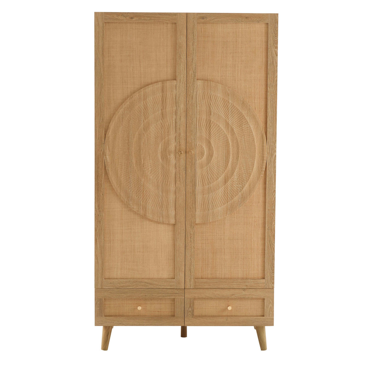 Raven Rattan 2 Door Wardrobe with Drawers - Light Wood - DUSK
