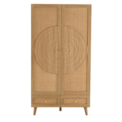 Raven Rattan 2 Door Wardrobe with Drawers - Light Wood - DUSK