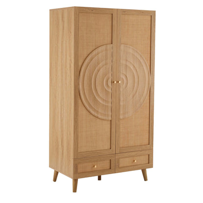 Raven Rattan 2 Door Wardrobe with Drawers - Light Wood - DUSK