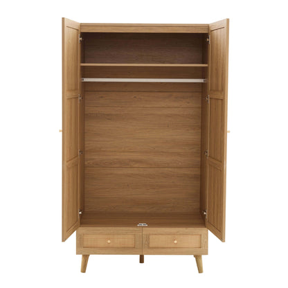 Raven Rattan 2 Door Wardrobe with Drawers - Light Wood - DUSK