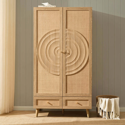 Raven Rattan 2 Door Wardrobe with Drawers - Light Wood - DUSK