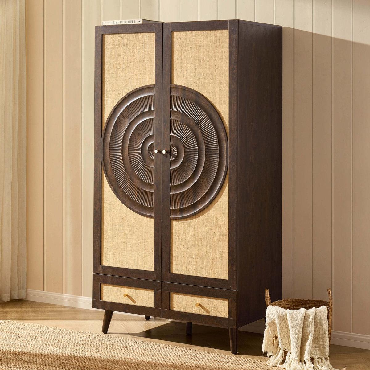 Raven Rattan 2 Door Wardrobe with Drawers - Walnut - DUSK