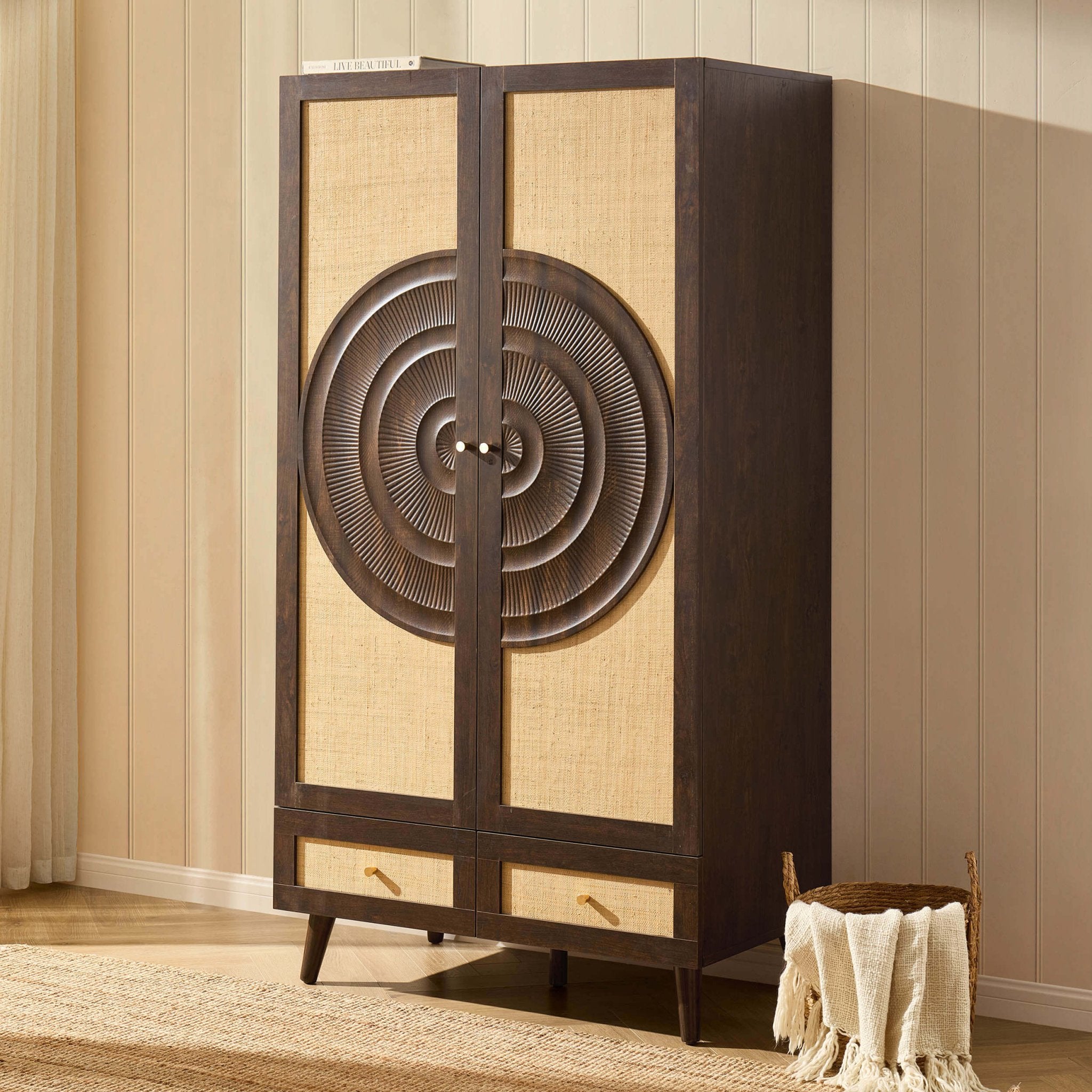 Raven Rattan 2 Door Wardrobe with Drawers - Walnut - DUSK