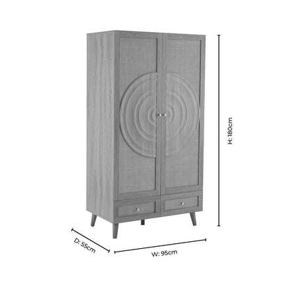 Raven Rattan 2 Door Wardrobe with Drawers - Walnut - DUSK