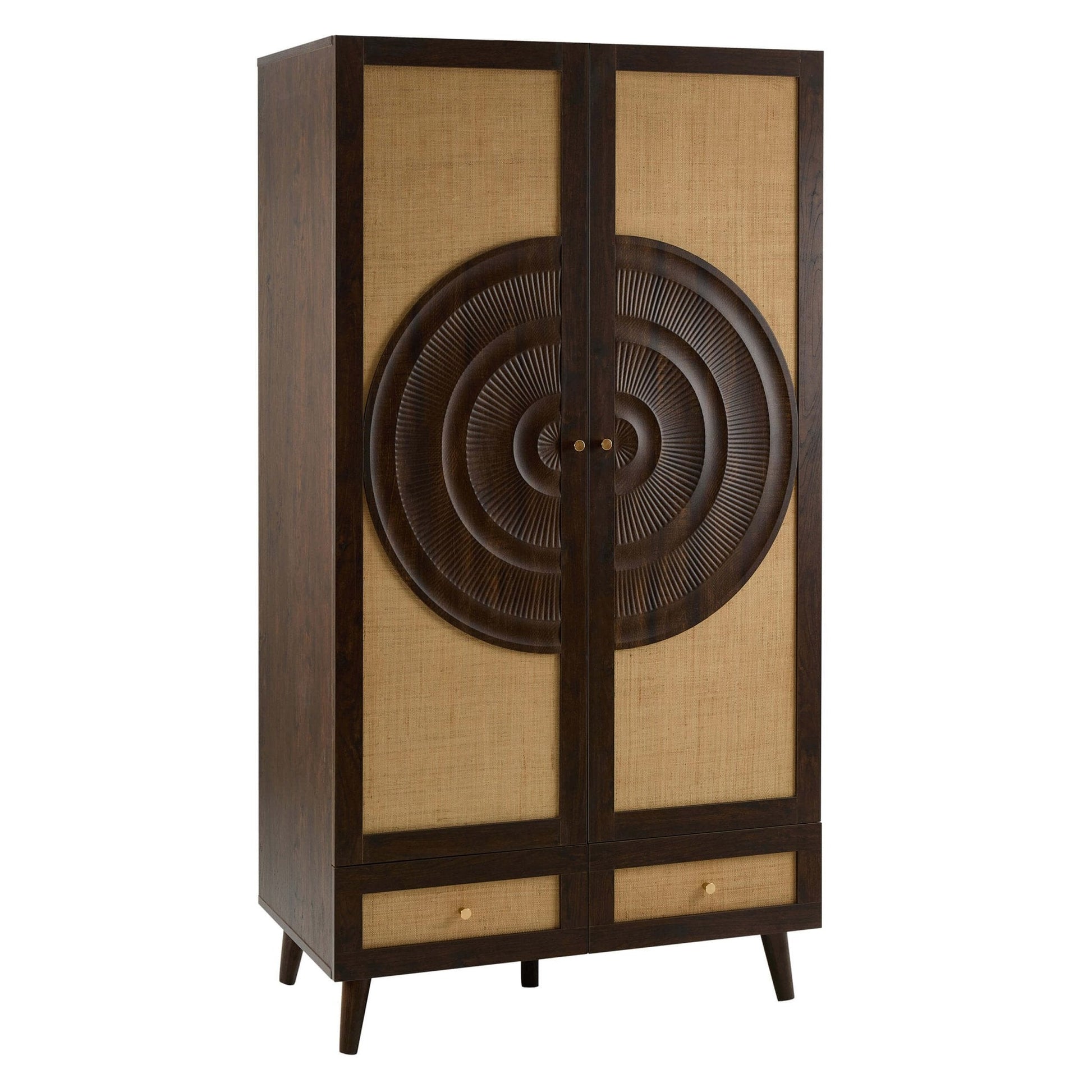 Raven Rattan 2 Door Wardrobe with Drawers - Walnut - DUSK