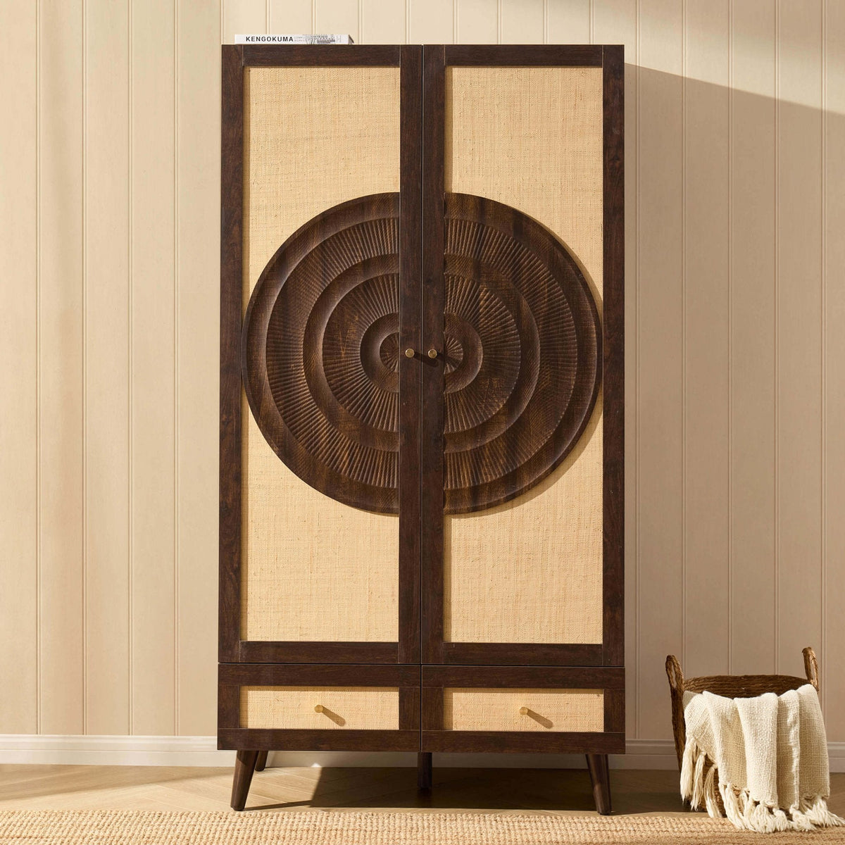 Raven Rattan 2 Door Wardrobe with Drawers - Walnut - DUSK