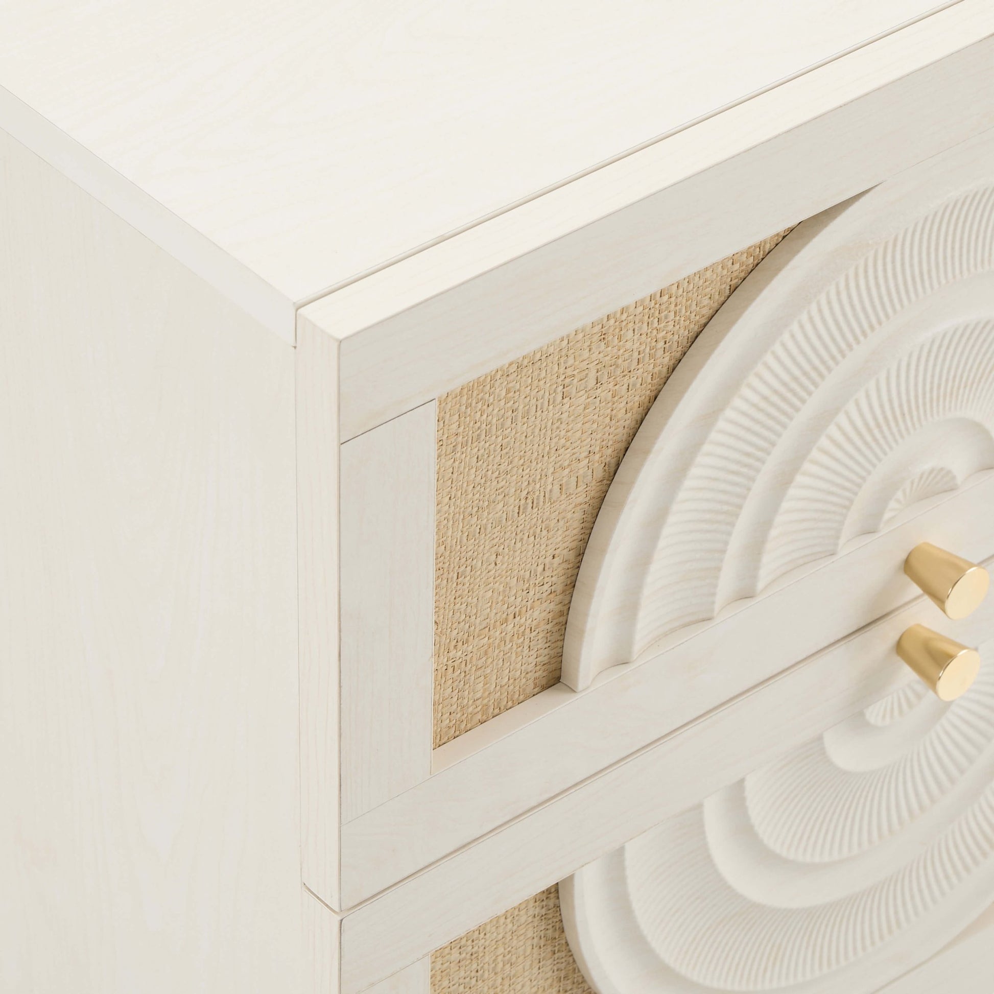 Raven Rattan 2 Drawer Bedside Table - Cream Oak Effect - DUSK
