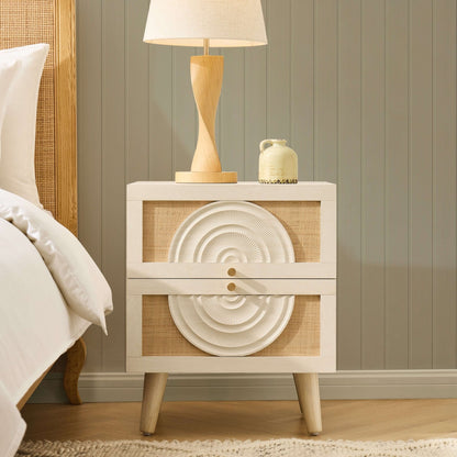 Raven Rattan 2 Drawer Bedside Table - Cream Oak Effect - DUSK