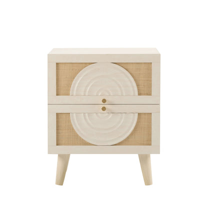 Raven Rattan 2 Drawer Bedside Table - Cream Oak Effect - DUSK