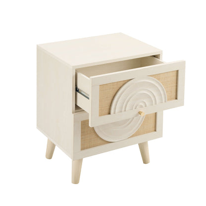 Raven Rattan 2 Drawer Bedside Table - Cream Oak Effect - DUSK