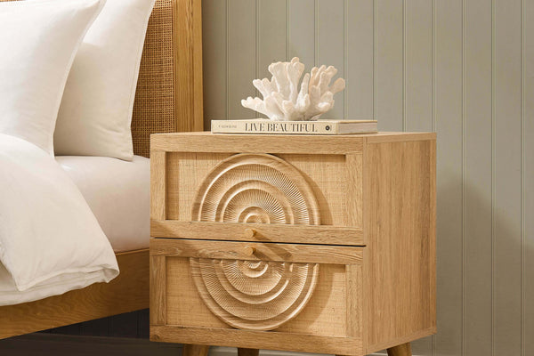 Raven Rattan 2 Drawer Bedside Table - Light Wood - DUSK