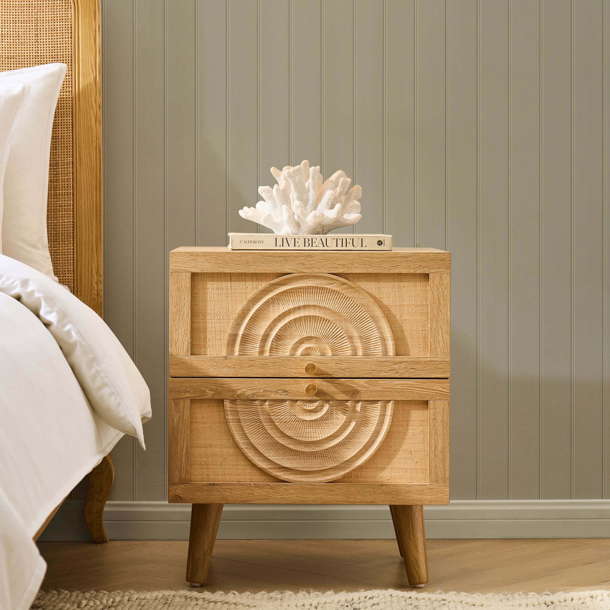 Raven Rattan 2 Drawer Bedside Table - Light Wood - DUSK