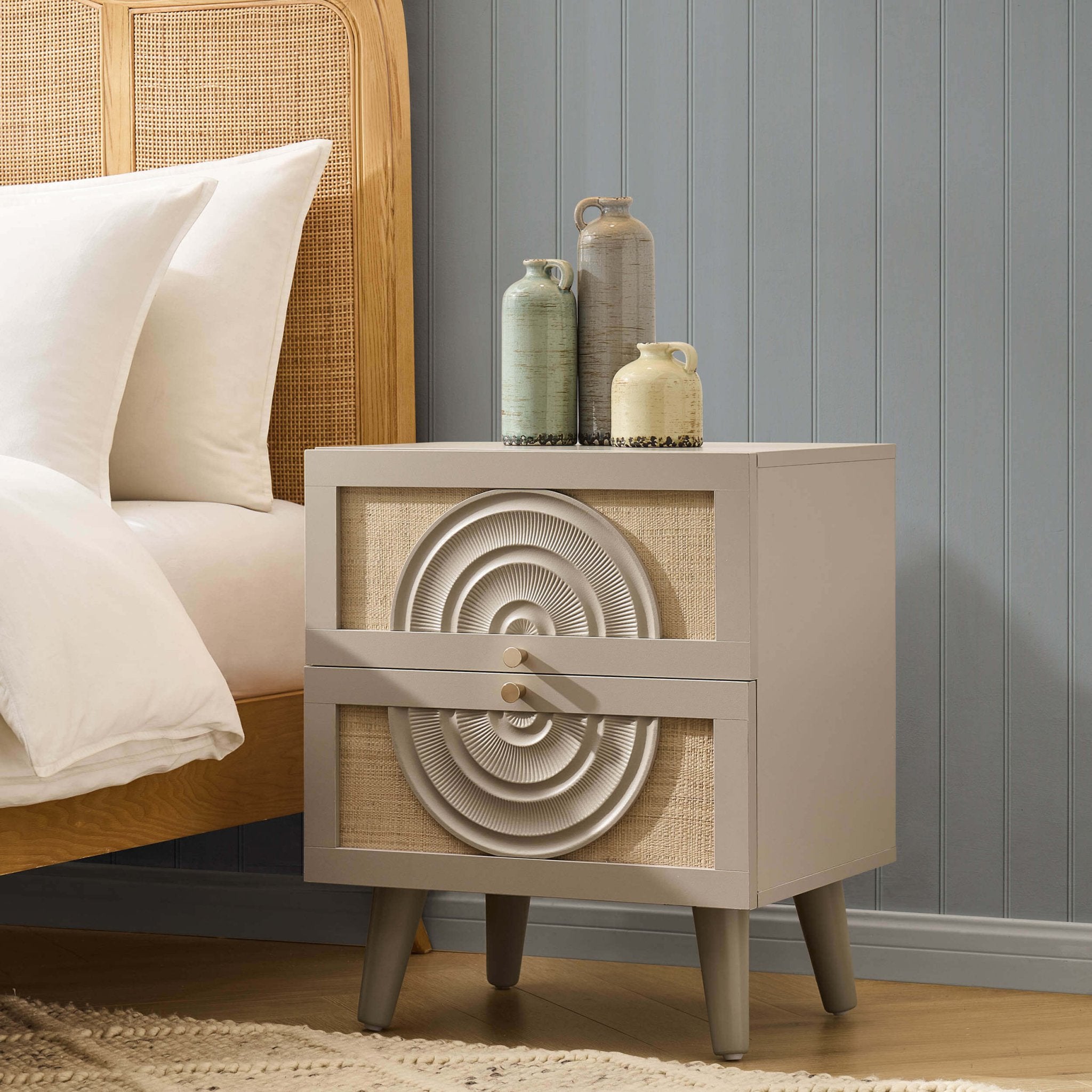 Raven Rattan 2 Drawer Bedside Table - Taupe - DUSK