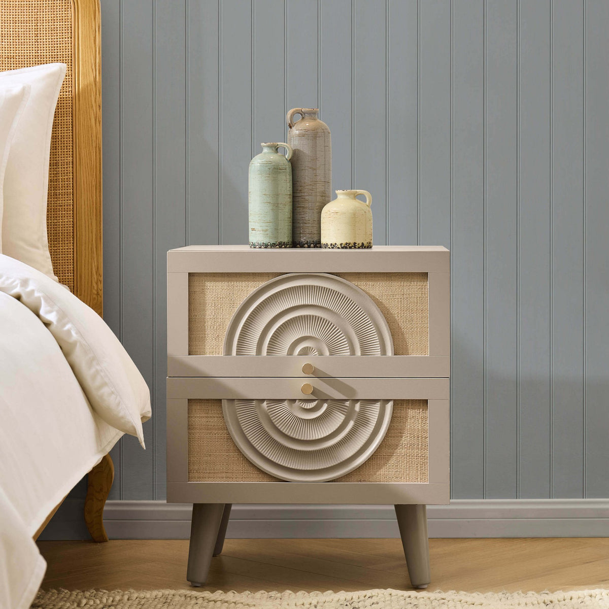 Raven Rattan 2 Drawer Bedside Table - Taupe - DUSK