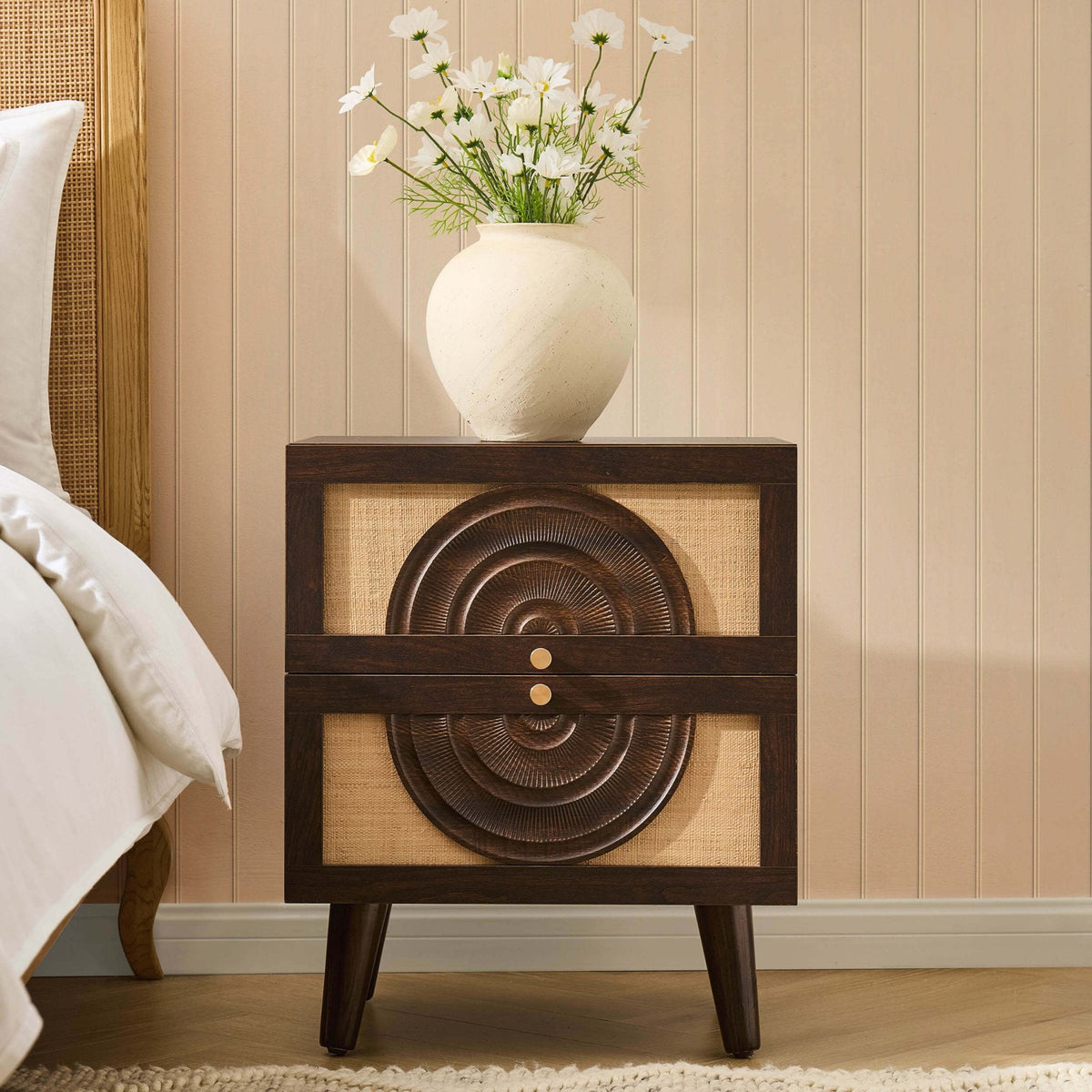 Raven Rattan 2 Drawer Bedside Table - Walnut - DUSK
