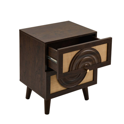 Raven Rattan 2 Drawer Bedside Table - Walnut - DUSK
