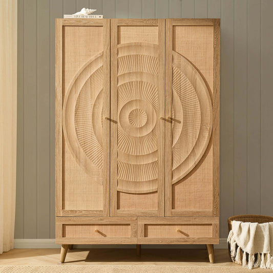 Raven Rattan 3 Door Wardrobe with Drawers - Light Wood - DUSK