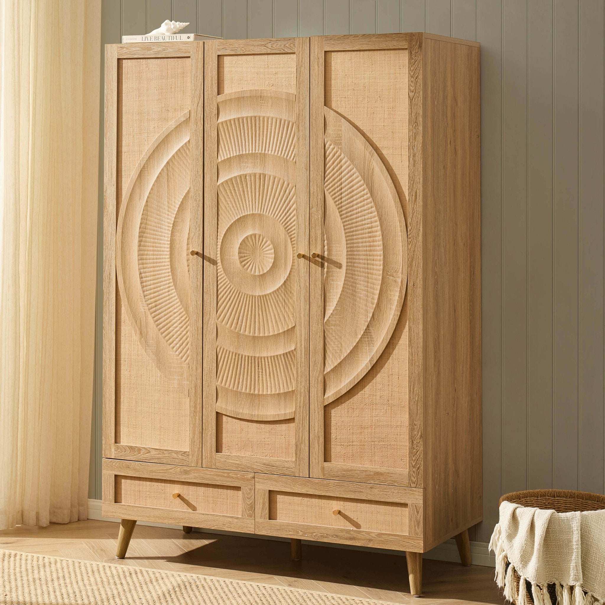 Raven Rattan 3 Door Wardrobe with Drawers - Light Wood - DUSK
