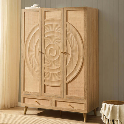 Raven Rattan 3 Door Wardrobe with Drawers - Light Wood - DUSK