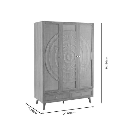 Raven Rattan 3 Door Wardrobe with Drawers - Light Wood - DUSK