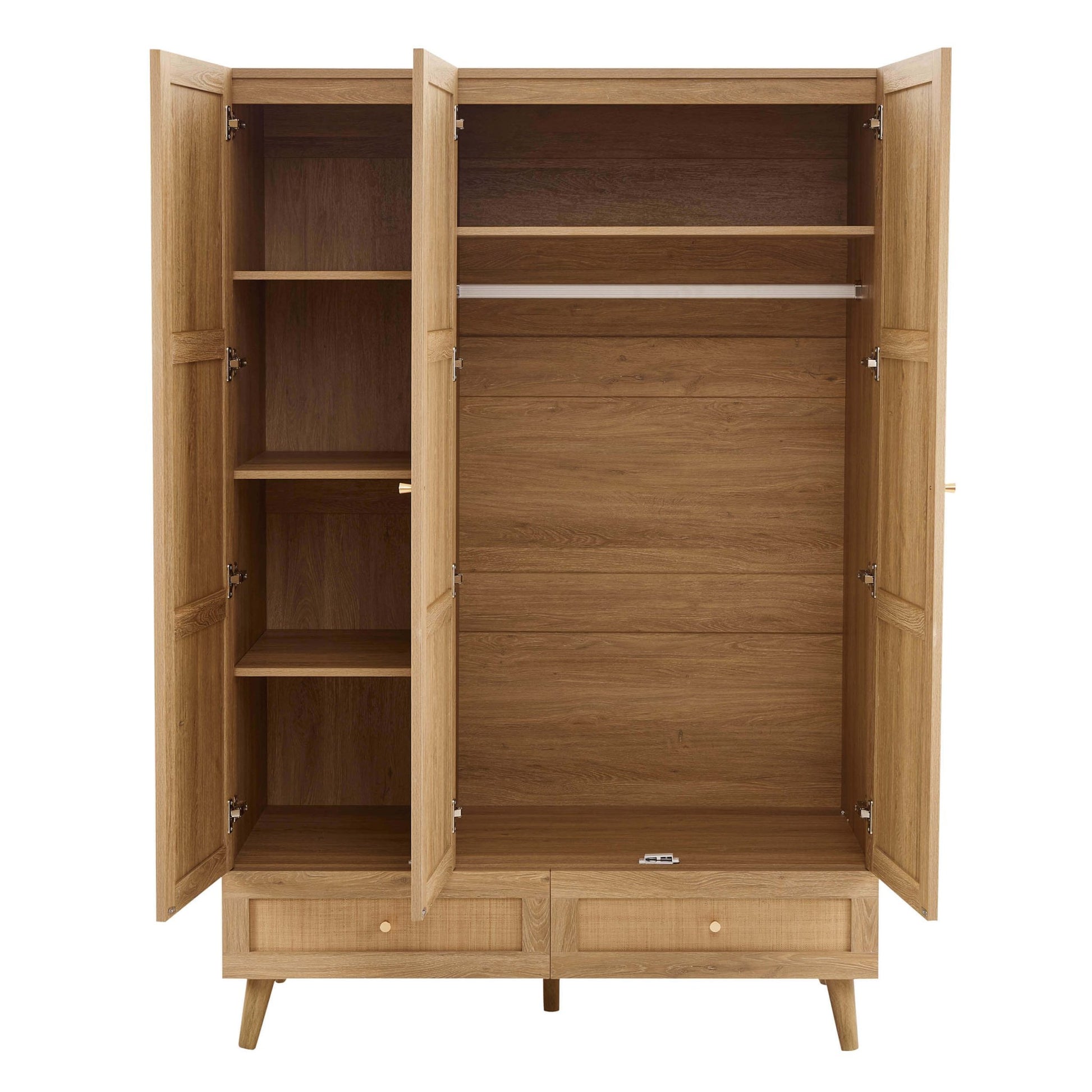 Raven Rattan 3 Door Wardrobe with Drawers - Light Wood - DUSK