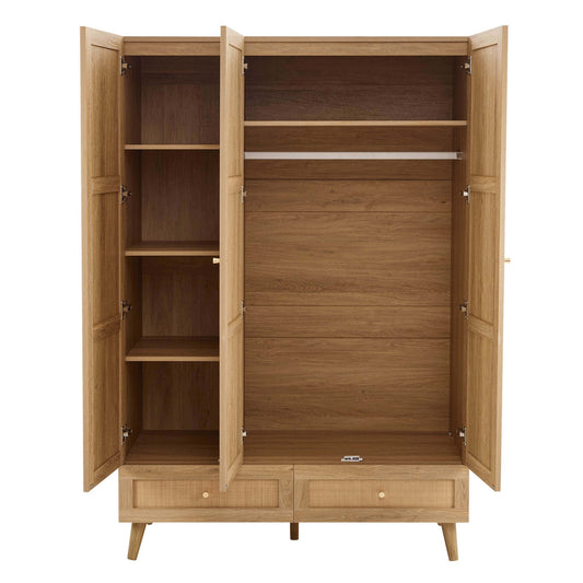 Raven Rattan 3 Door Wardrobe with Drawers - Light Wood - DUSK
