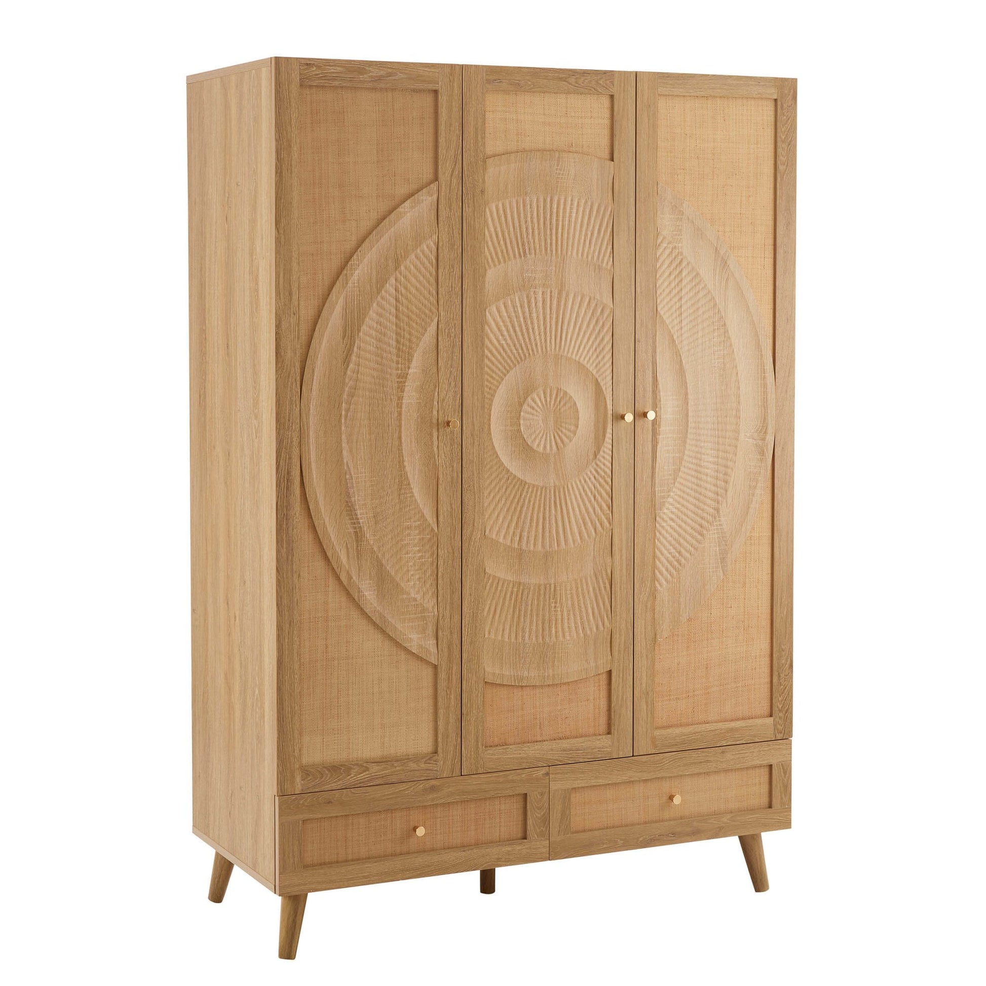 Raven Rattan 3 Door Wardrobe with Drawers - Light Wood - DUSK