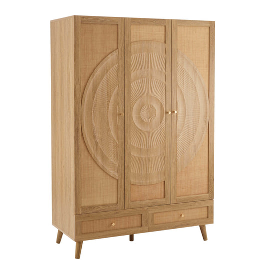Raven Rattan 3 Door Wardrobe with Drawers - Light Wood - DUSK