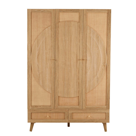 Raven Rattan 3 Door Wardrobe with Drawers - Light Wood - DUSK