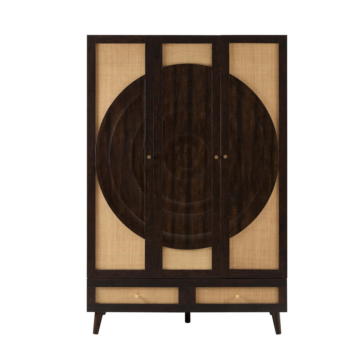 Raven Rattan 3 Door Wardrobe with Drawers - Walnut - DUSK