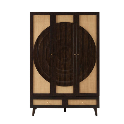 Raven Rattan 3 Door Wardrobe with Drawers - Walnut - DUSK