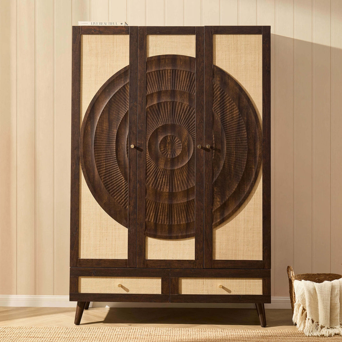 Raven Rattan 3 Door Wardrobe with Drawers - Walnut - DUSK
