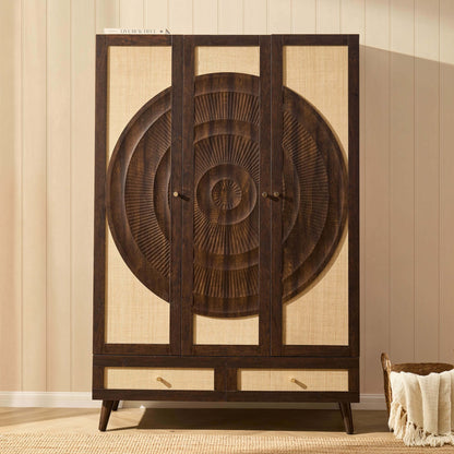 Raven Rattan 3 Door Wardrobe with Drawers - Walnut - DUSK