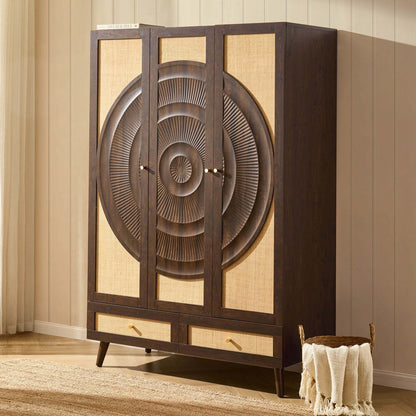 Raven Rattan 3 Door Wardrobe with Drawers - Walnut - DUSK