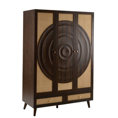 Raven Rattan 3 Door Wardrobe with Drawers - Walnut - DUSK